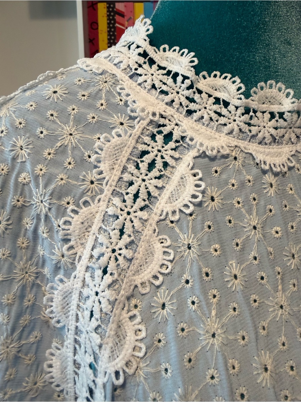 SHEIN Light Blue Eyelet Lace Long Sleeve Blouse - Picture 8 of 15
